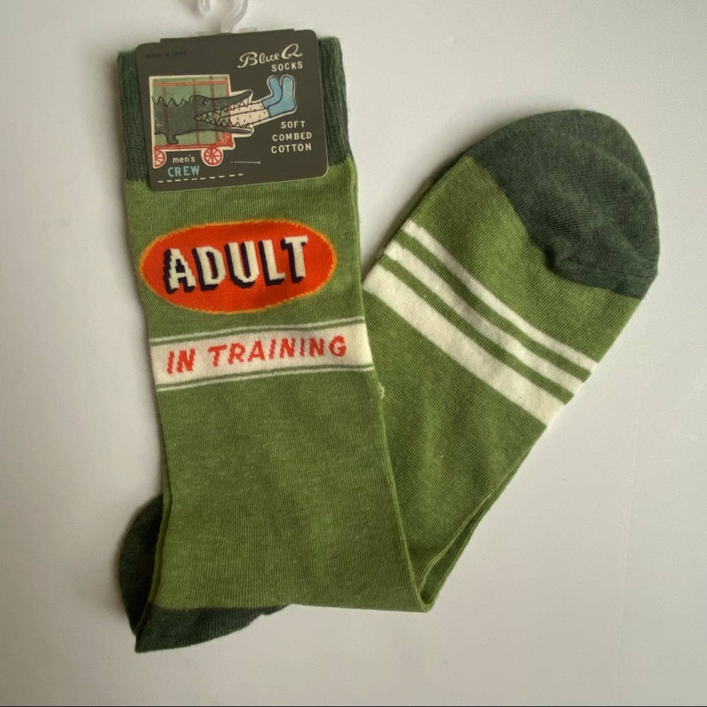 Men’s crew socks from Blue Q in size Men’s 7-12 “Adult in Training” NWT New